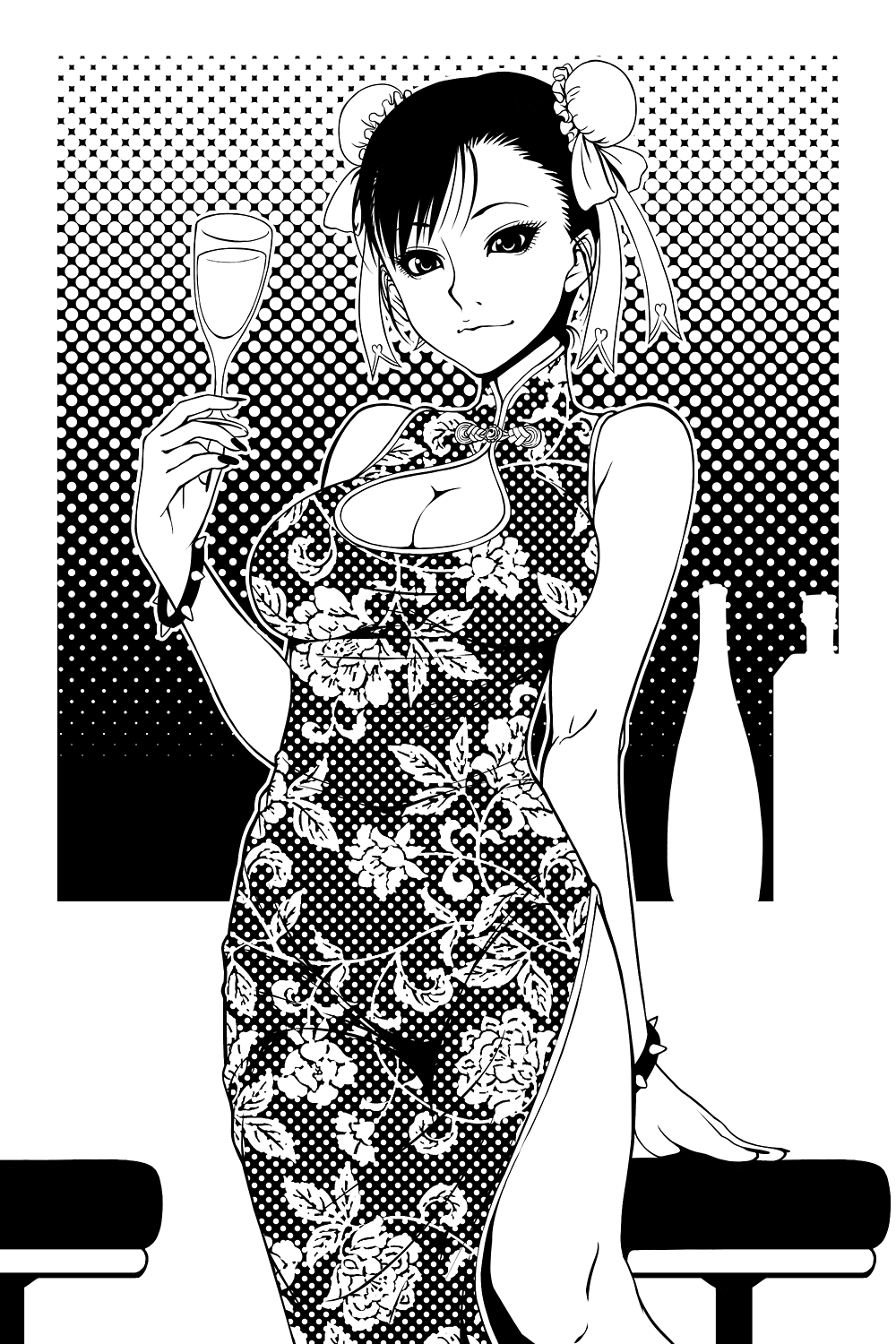 1girl, bangs, bar_stool, biting, breasts, bun_cover, china_dress, chinese_clothes, chun-li, cleavage, cleavage_cutout, cup, double_bun, dress, eyelashes, fingernails, floral_print, fugetac, highres, large_breasts, lip_biting, long_dress, long_fingernails, looking_at_viewer, monochrome, nail_polish, screentones, side_slit, sleeveless, sleeveless_dress, solo, street_fighter, wine_glass