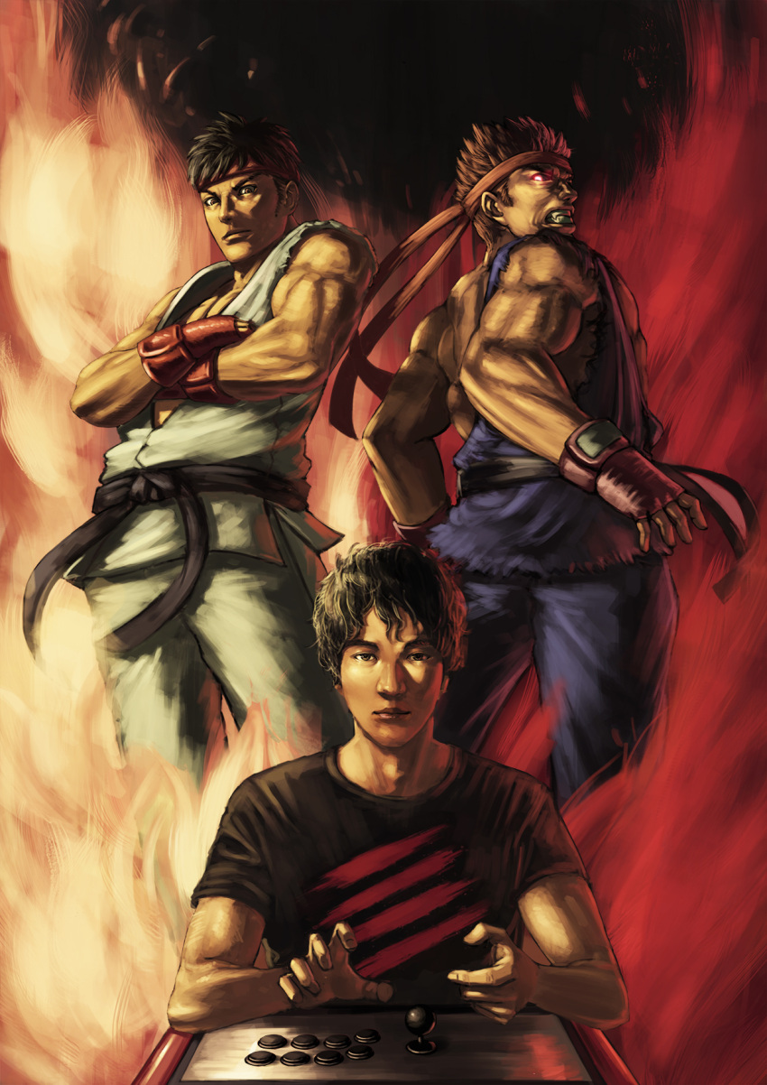 3boys, arcade_stick, black_hair, controller, crossed_arms, dark_persona, dark_skin, dougi