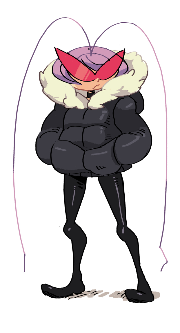1girl, alex_ahad, antennae, black_torch, fallout_(black_torch), fur_collar, hands_in_pockets, kamina_shades