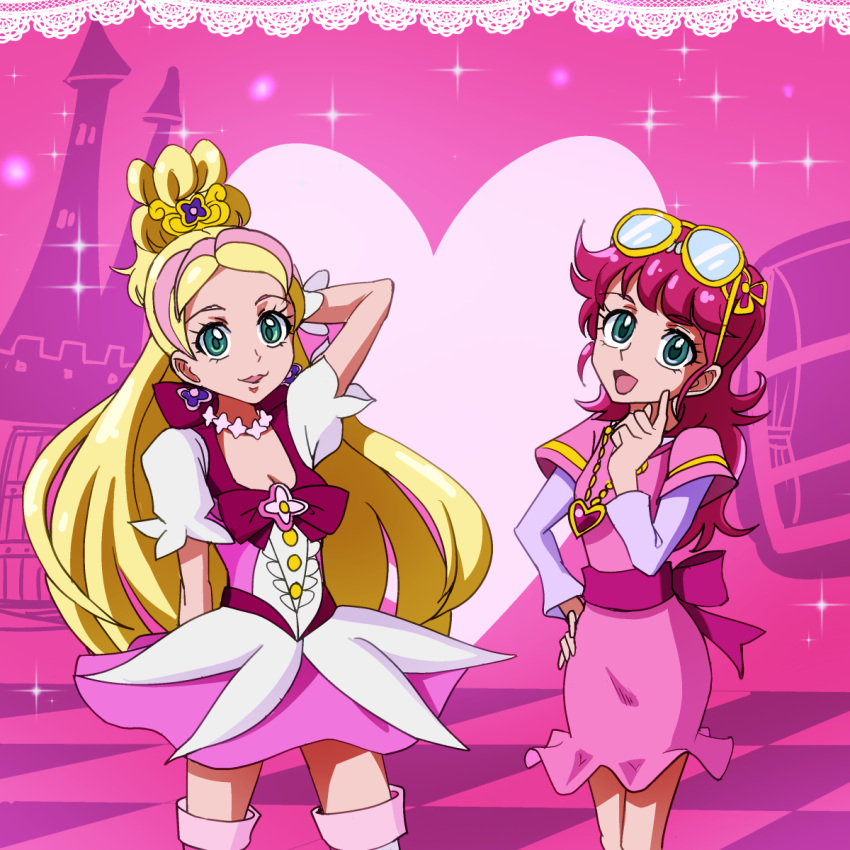 2girls, :d, blonde_hair, bow, choker, crossover, cure_flora, earrings