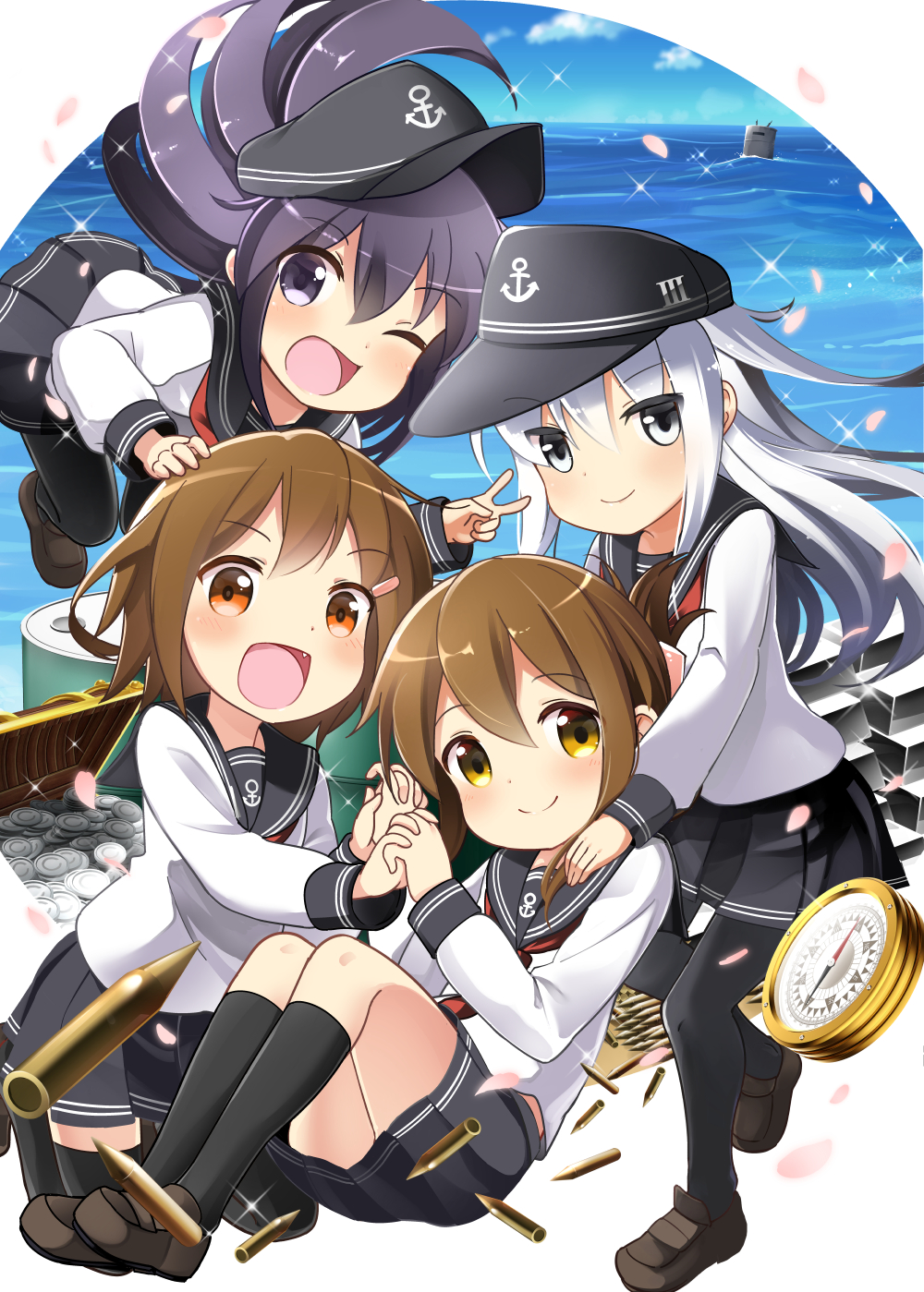 4girls, akatsuki_(kantai_collection), barrel, bell_(oppore_coppore), black_hair, black_legwear, blue_sky, brown_eyes