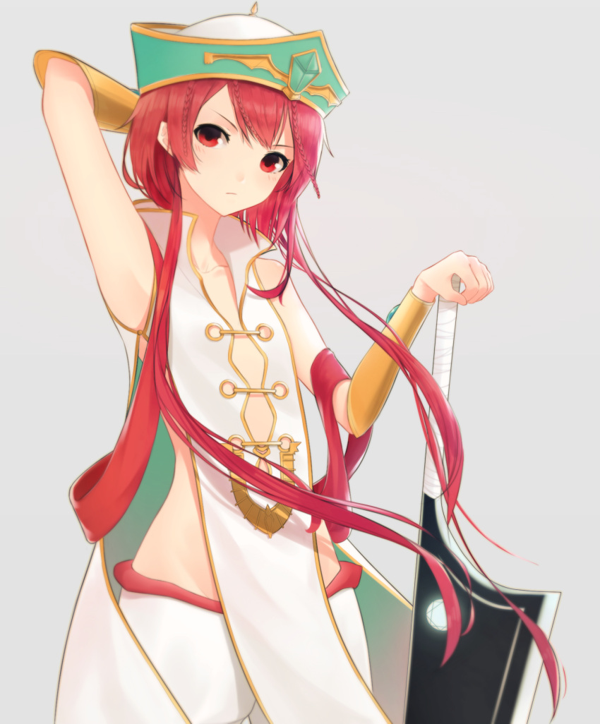 1boy, ariinine, arm_behind_head, chinese_clothes, hat, highres, long_hair, looking_at_viewer