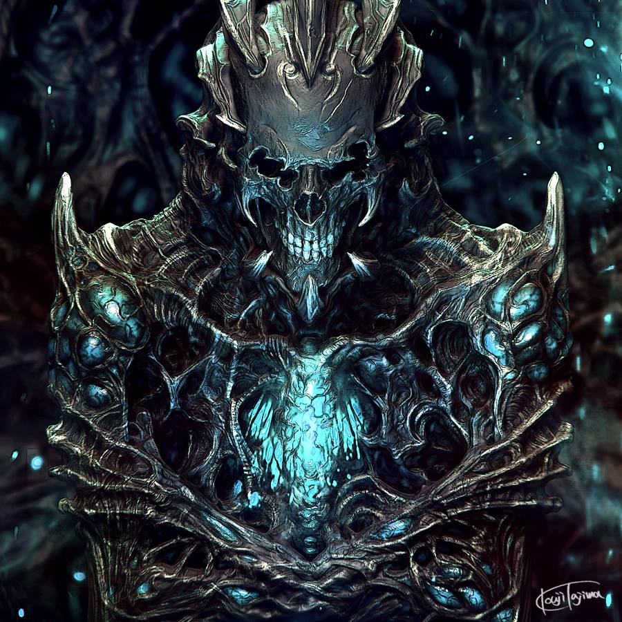 crossed_arms, evil_smile, garo_(series), hands, skeleton, smile, solo, spikes