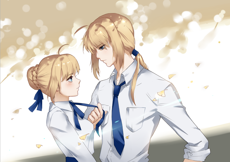 1boy, 1girl, ahoge, bamboocm, blonde_hair, braid, dual_persona, fate/stay_night