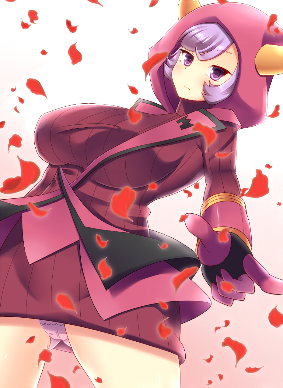 gloves, highres, hood, kagari_(pokemon)_(remake), lavender_hair, panties, petals, pokemon
