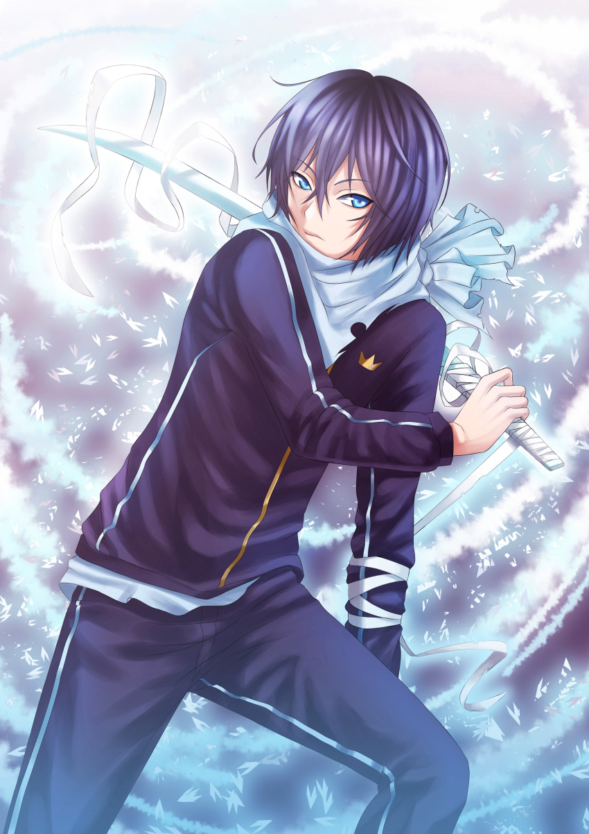 1boy, absurdres, blue_eyes, highres, katana, male, noragami, purple_hair