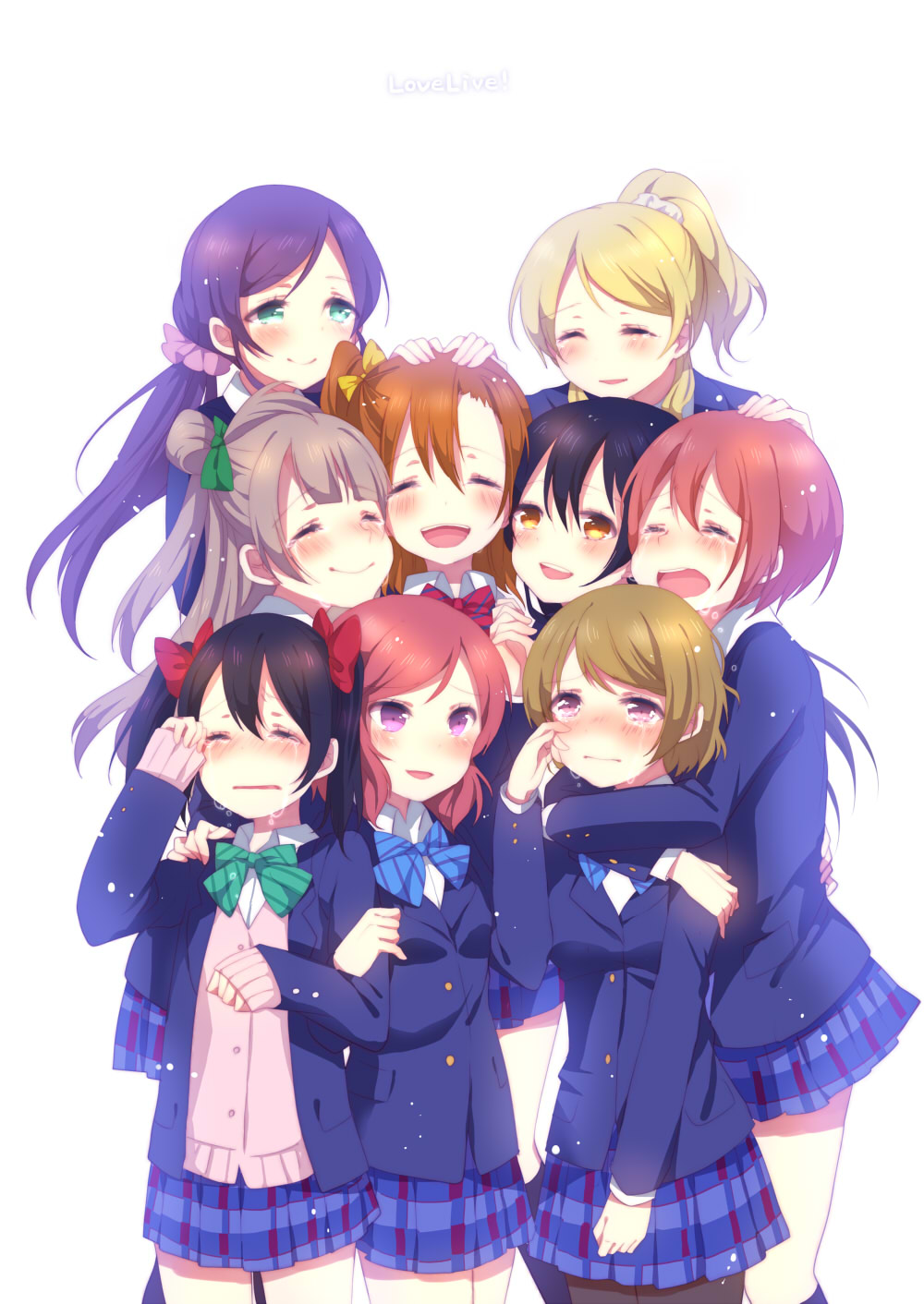 ayase_eli, copyright_name, crying, happy_tears, highres, hina_(milk_ti_leaf), hoshizora_rin, koizumi_hanayo, kousaka_honoka, love_live!_school_idol_project, minami_kotori, nishikino_maki, open_mouth, pantyhose, school_uniform, simple_background, smile, sonoda_umi, tagme, tears, toujou_nozomi, white_background, yazawa_nico