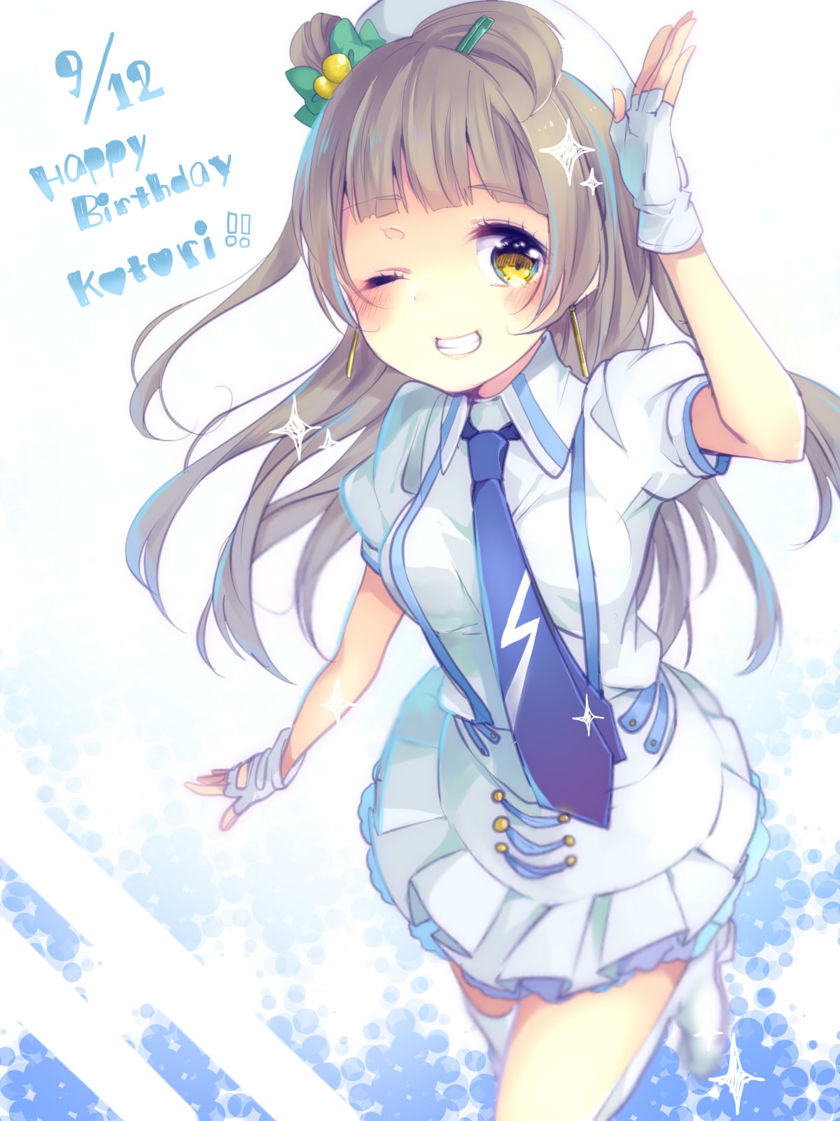 1girl, blurry, brown_hair, character_name, dated, depth_of_field, earrings, fingerless_gloves