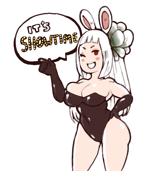 1girl, animal_ears, bare_shoulders, black_gloves, blush_stickers, bravely_second, breast_press, breasts