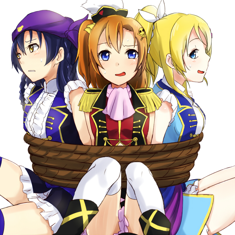 3girls, ayase_eli, blonde_hair, blue_eyes, blue_hair, dancing_stars_on_me!, epaulettes, girl_sandwich
