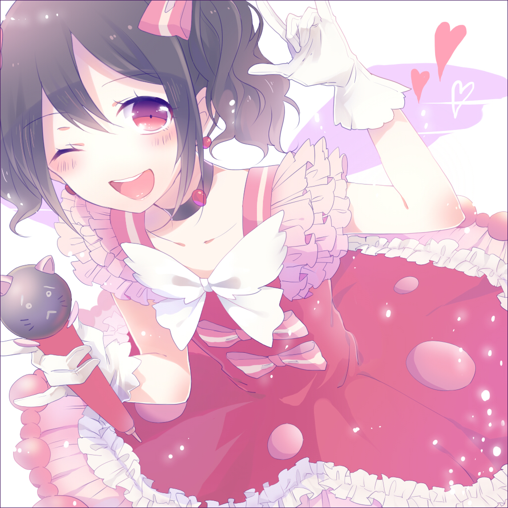 1girl, ;d, \m/, black_hair, choker, collarbone, dress, earrings, frilled_dress, frills, gloves, heart, hina_(milk_ti_leaf), jewelry, looking_at_viewer, love_live!_school_idol_project, microphone, one_eye_closed, open_mouth, red_dress, red_eyes, smile, solo, twintails, white_gloves, wings, yazawa_nico