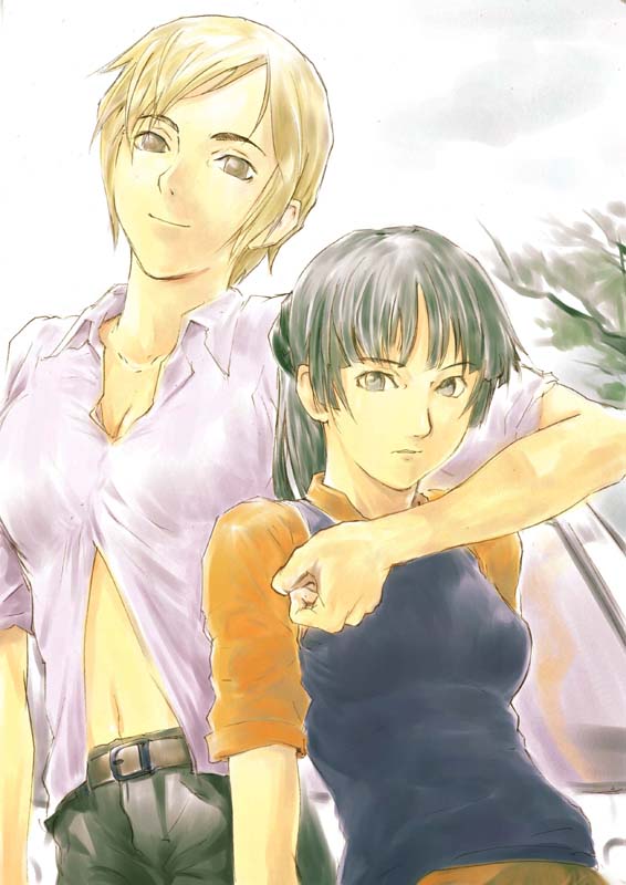 3tohei, belt, black_eyes, black_hair, blonde_hair, breasts, cleavage, collarbone