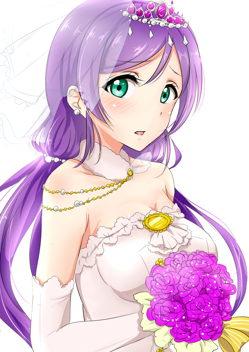 1girl, absurdres, bare_shoulders, blush, bouquet, breasts, detached_sleeves, dress