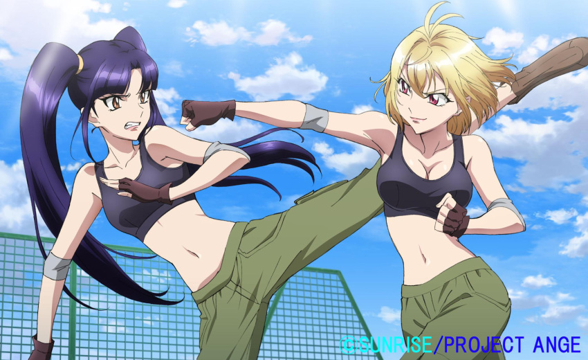 angelise_ikaruga_misurugi, blonde_hair, cross_ange, fighting, highres, kicking, midriff, salia_(cross_ange)
