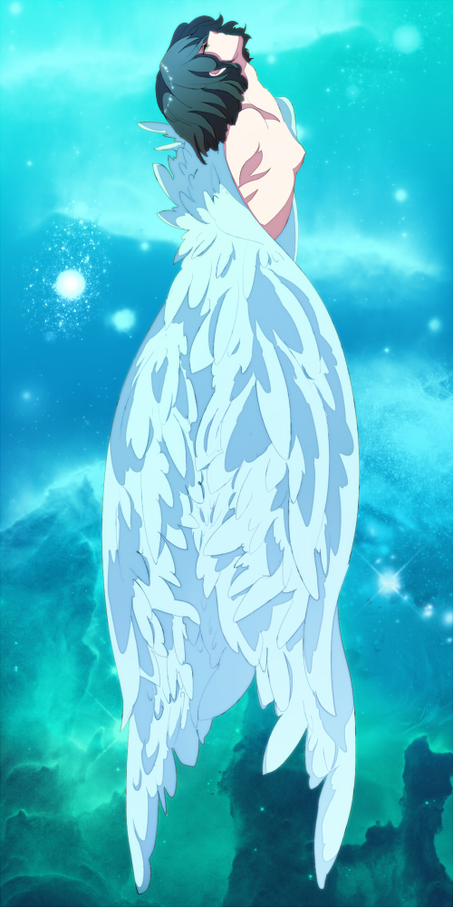 breasts, green_hair, kanenari, nude, original, short_hair, wings