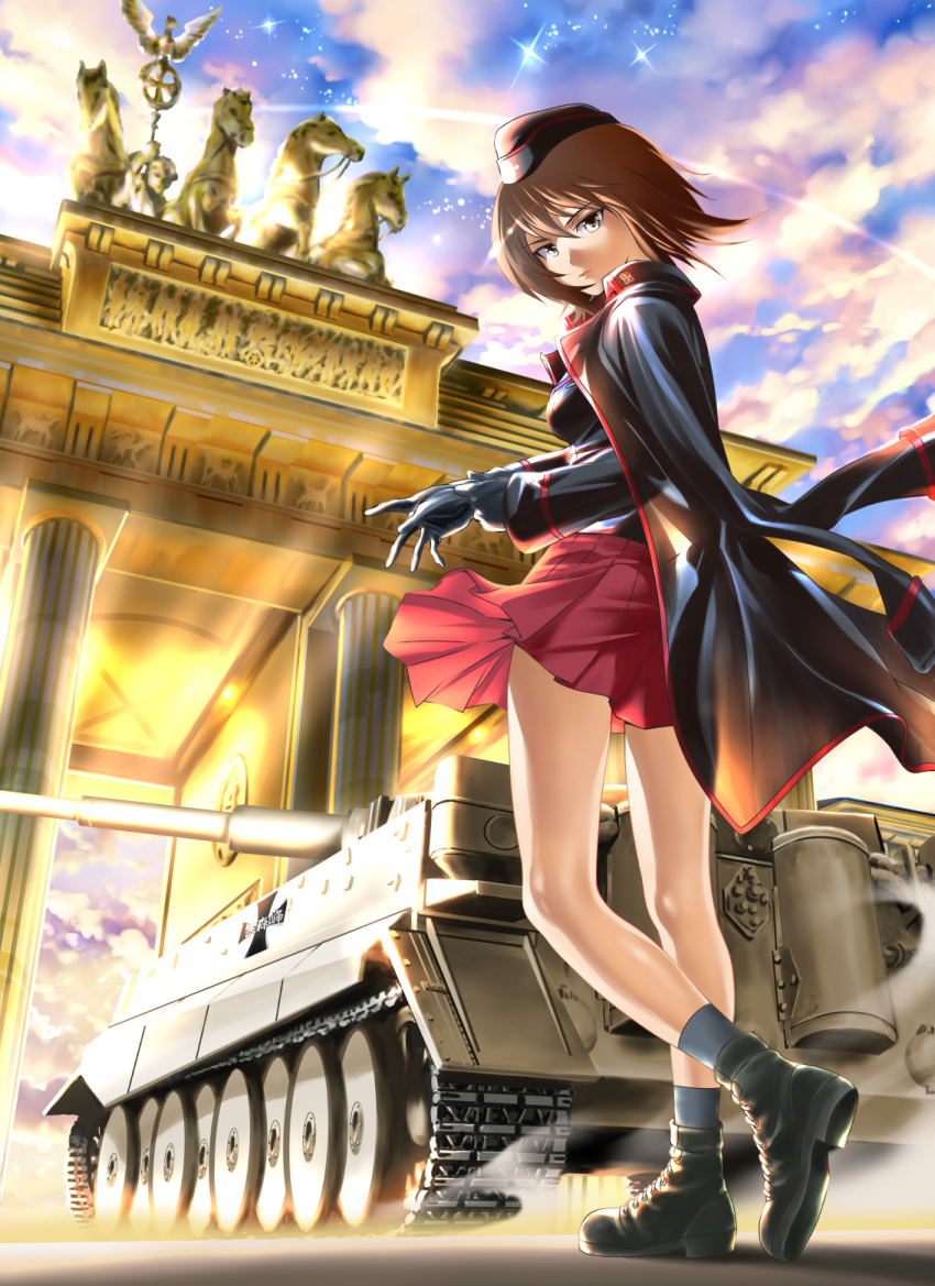 1girl, ankle_boots, arch, boots, brandenburg_gate, brown_eyes, brown_hair, caterpillar_tracks, clouds, garrison_cap, germany, girls_und_panzer, gloves, hat, highres, jacket_on_shoulders, landmark, looking_at_viewer, looking_back, military, military_vehicle, nishizumi_maho, pleated_skirt, short_hair, skirt, sky, solo, star_(sky), statue, sunlight, tank, tiger_(tank), toshi_(pixiv6514), uniform, vehicle