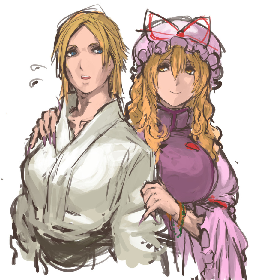 2girls, blonde_hair, blue_eyes, breasts, commentary, crossover, fingernails, hat