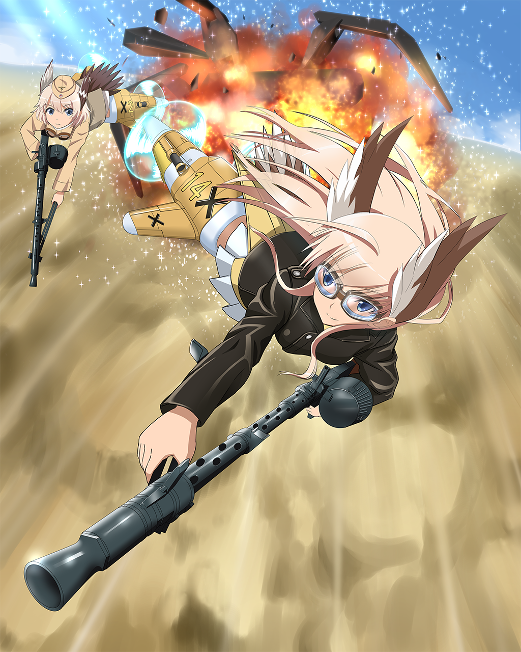 2girls, action, ahoge, bird_tail, blonde_hair, blue_eyes, blue_sky, desert