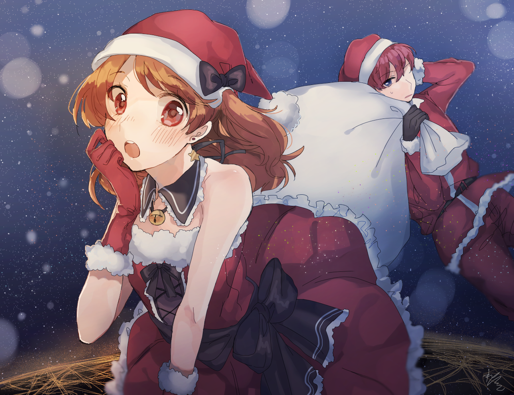 1boy, 1girl, aikatsu!, blue_eyes, brown_hair, dress, hat, long_hair, oozora_akari, red_eyes, retako, sack, santa_costume, santa_hat, sena_tsubasa, short_hair