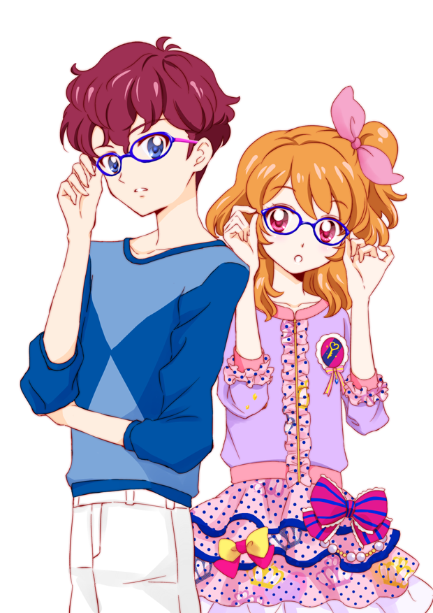 1boy, 1girl, aikatsu!, bespectacled, blue_eyes, brown_hair, glasses, konzaki_sakura, long_hair, one_side_up, oozora_akari, red_eyes, sena_tsubasa, short_hair, side_ponytail