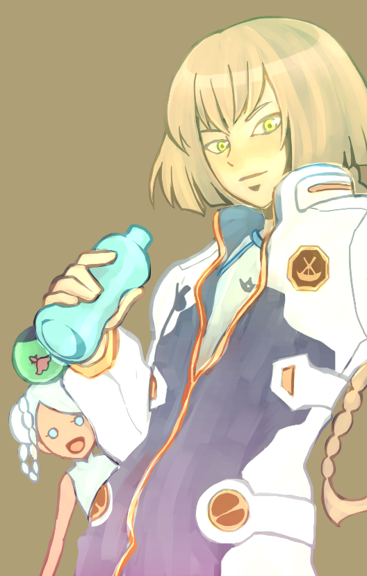 1boy, 1girl, bare_shoulders, blue_eyes, braid, chuchumy, dark_skin, gundam