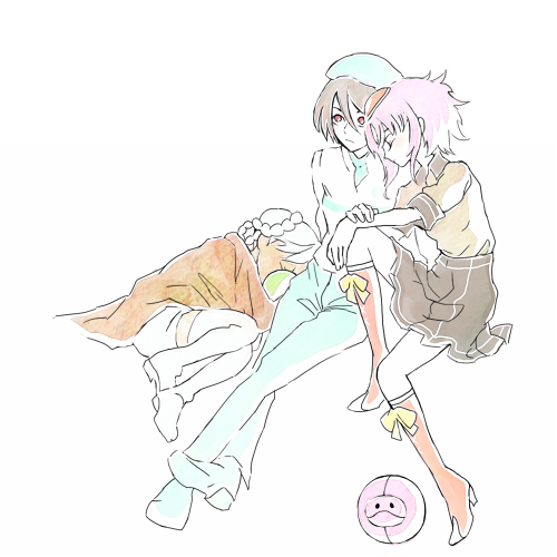 1boy, 2girls, bellri_zenam, braid, chuchumy, closed_eyes, dark_skin, green_hair