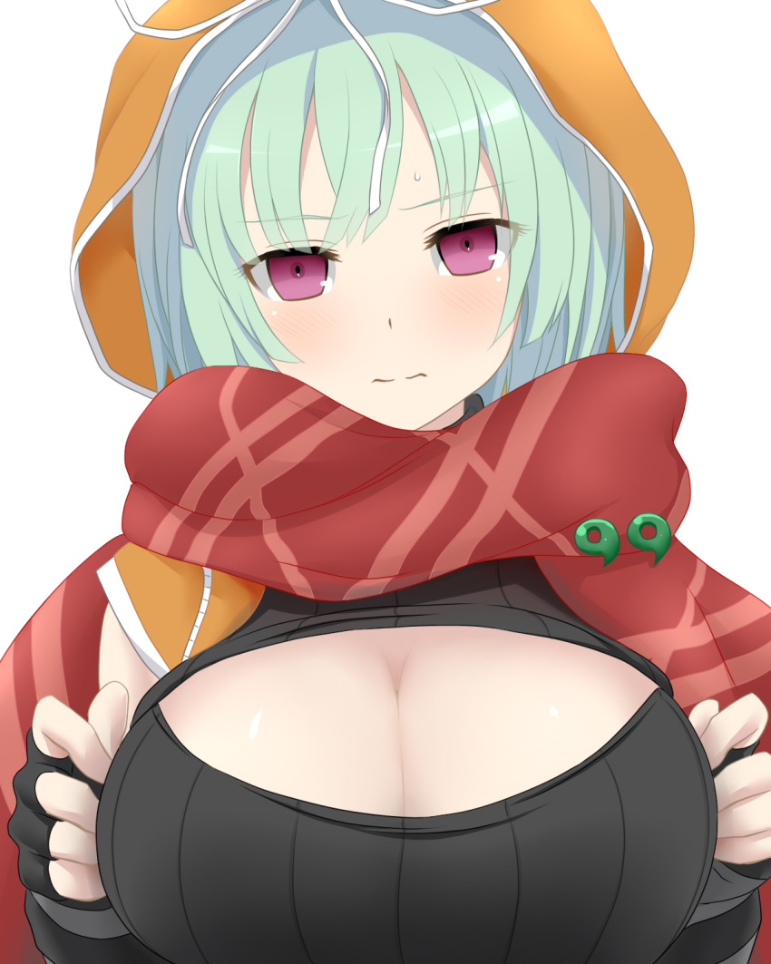 1girl, blue_hair, breasts, fingerless_gloves, gloves, highres, large_breasts, magatama