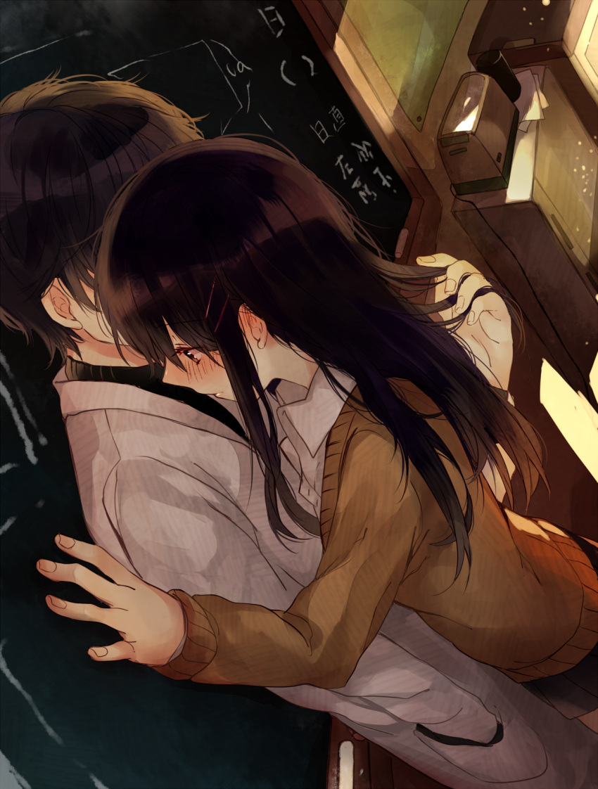 1boy, 1girl, black_hair, blush, brown_eyes, couple, hair_ornament, hairclip