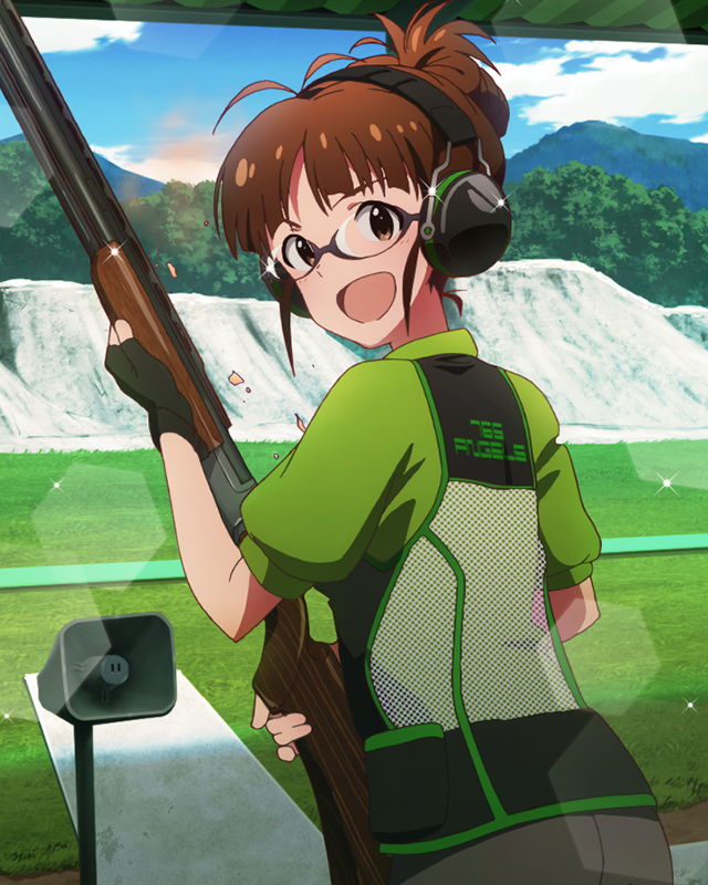 1girl, akizuki_ritsuko, brown_eyes, brown_hair, double-barreled_shotgun, glasses, gun, idolmaster