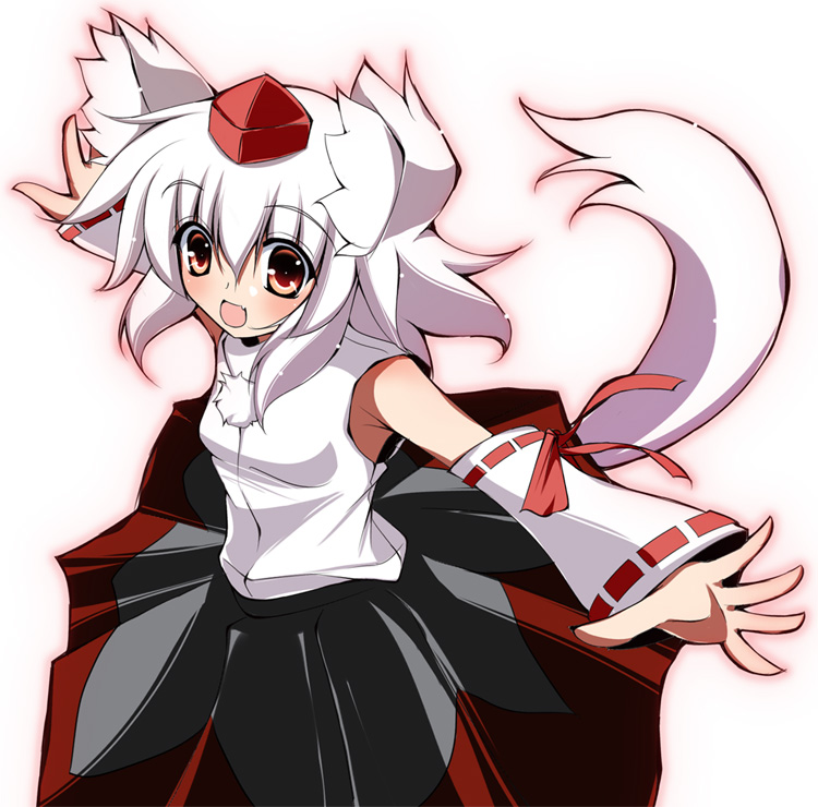 1girl, animal_ears, bare_shoulders, blush, breasts, detached_sleeves, fang, happy
