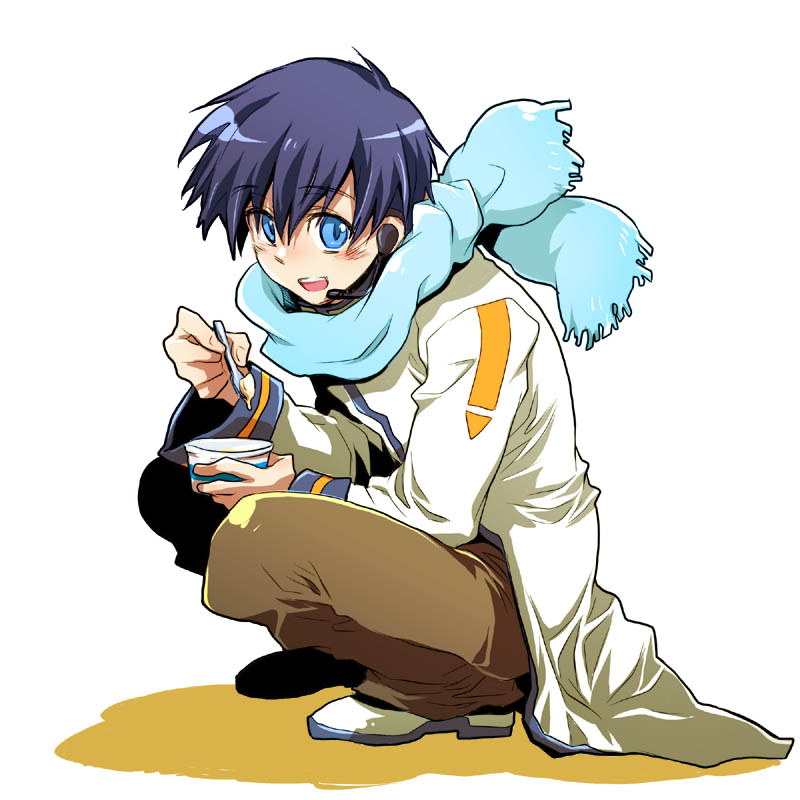 blue_eyes, blue_hair, crouching, food, headset, ice_cream, kaito, male