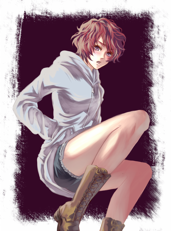 1girl, aldnoah.zero, bare_legs, boots, cutoffs, hands_in_pockets, hoodie, kazari11255