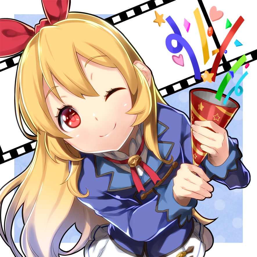 1girl, aikatsu!, blonde_hair, blush, film_strip, hair_ribbon, hoshimiya_ichigo, long_hair, looking_at_viewer, one_eye_closed, open_mouth, party_favor, party_popper, red_eyes, ribbon, smile, yuuzii