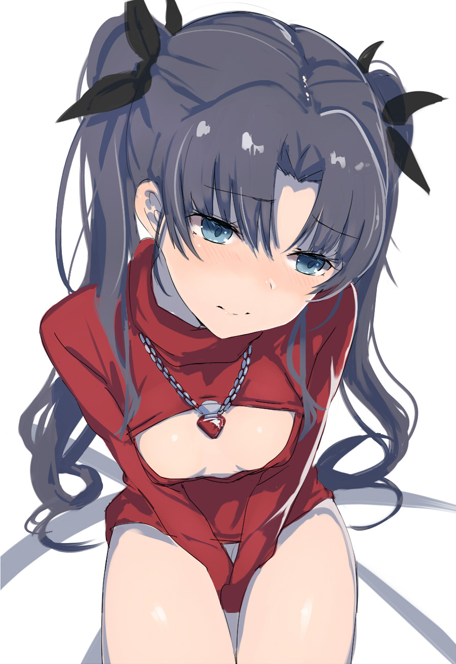1girl, black_hair, blush, cleavage_cutout, fate/stay_night, fate_(series), fenrirr, hair_ribbon