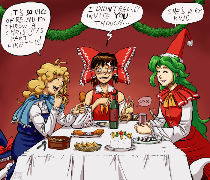 3girls, alcohol, cake, chicken, christmas, eating, food, ghost