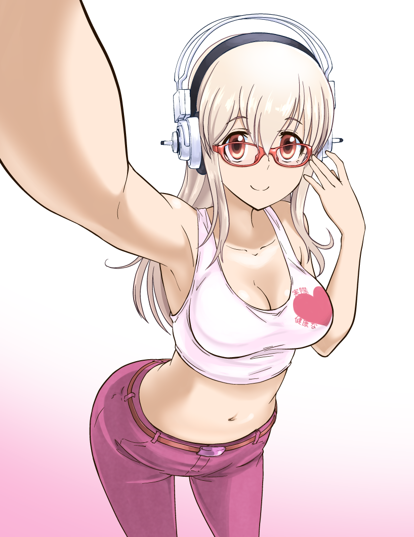 1girl, belt, bespectacled, breasts, cleavage, denim, glasses, headphones