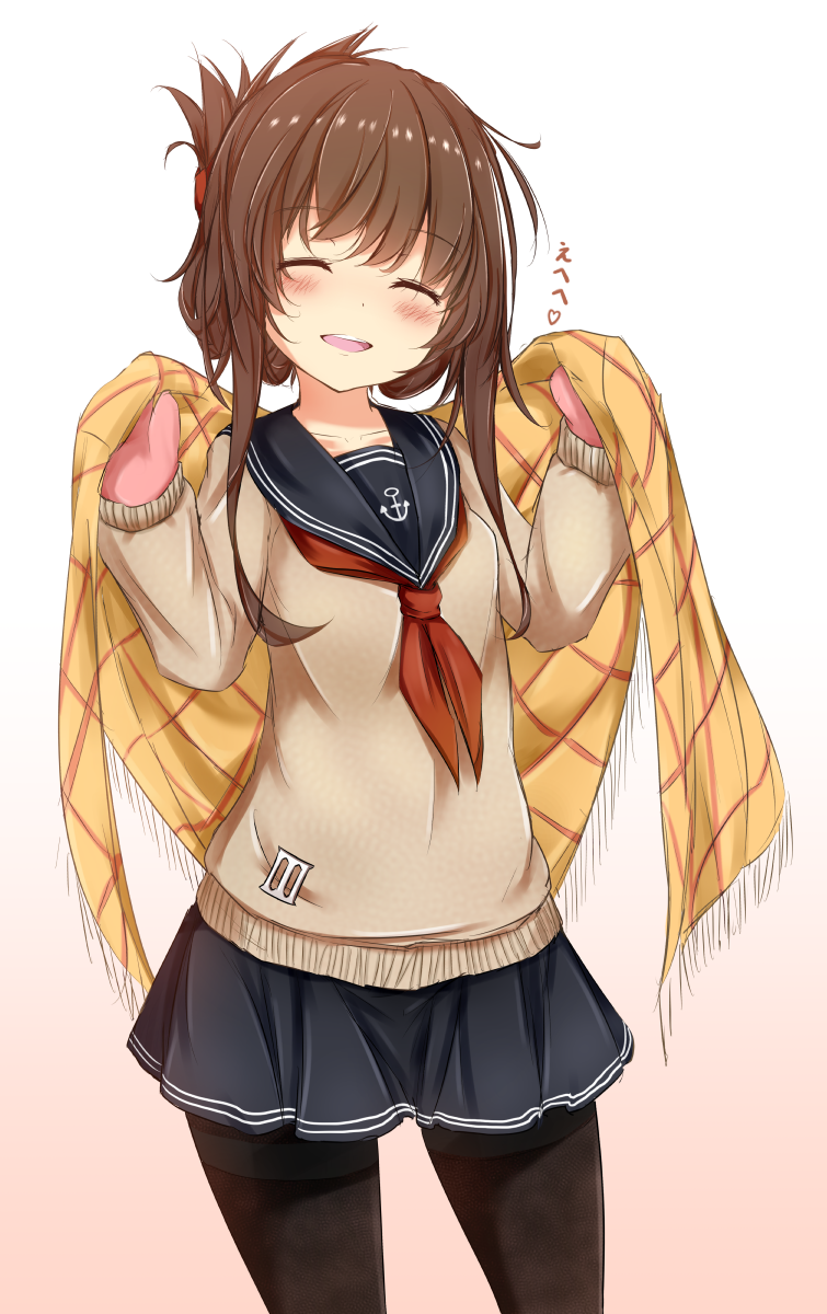1girl, black_legwear, blush, brown_hair, colored, cuon_(kuon), folded_ponytail, highres