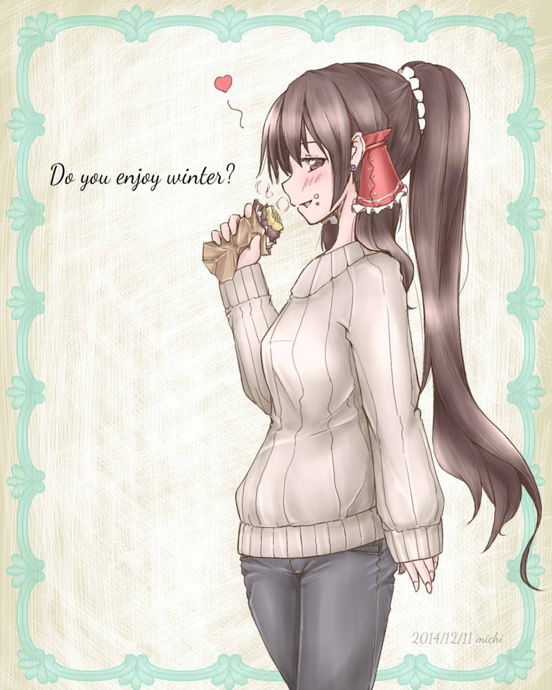 1girl, aosiro-michi, baked_potato, black_hair, blush, casual, dated, denim