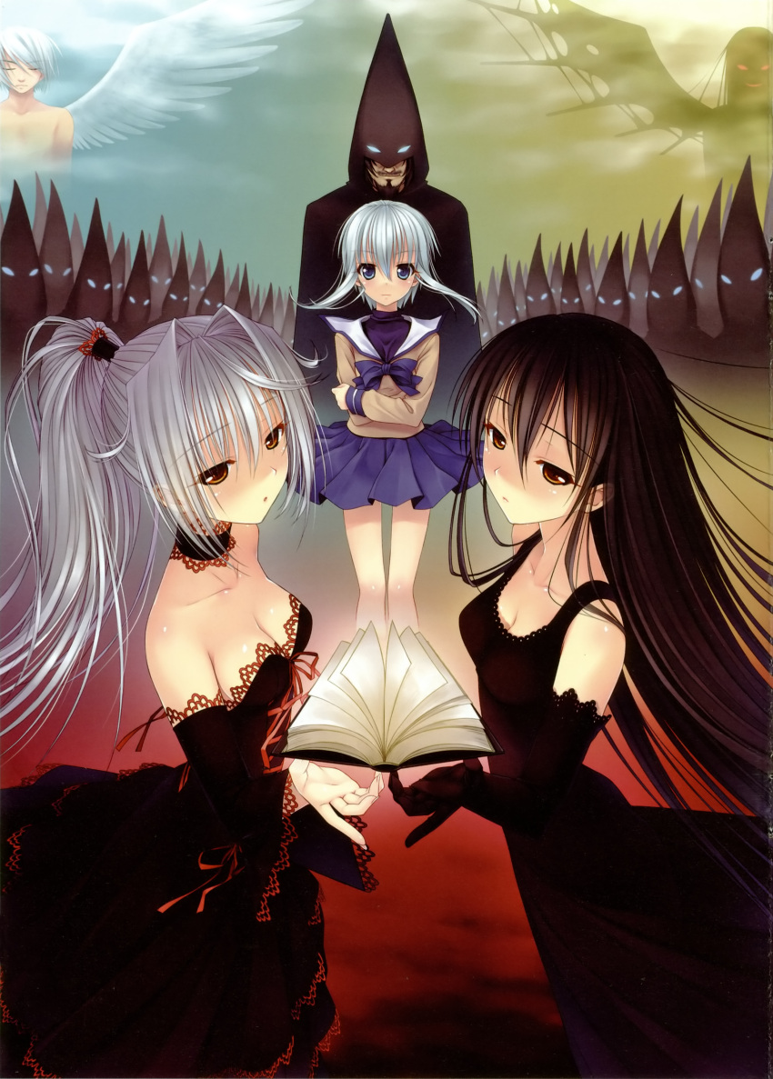 angel_wings, black_hair, blonde_hair, blue_eyes, book, brown_eyes, chronica, chronicle_2nd