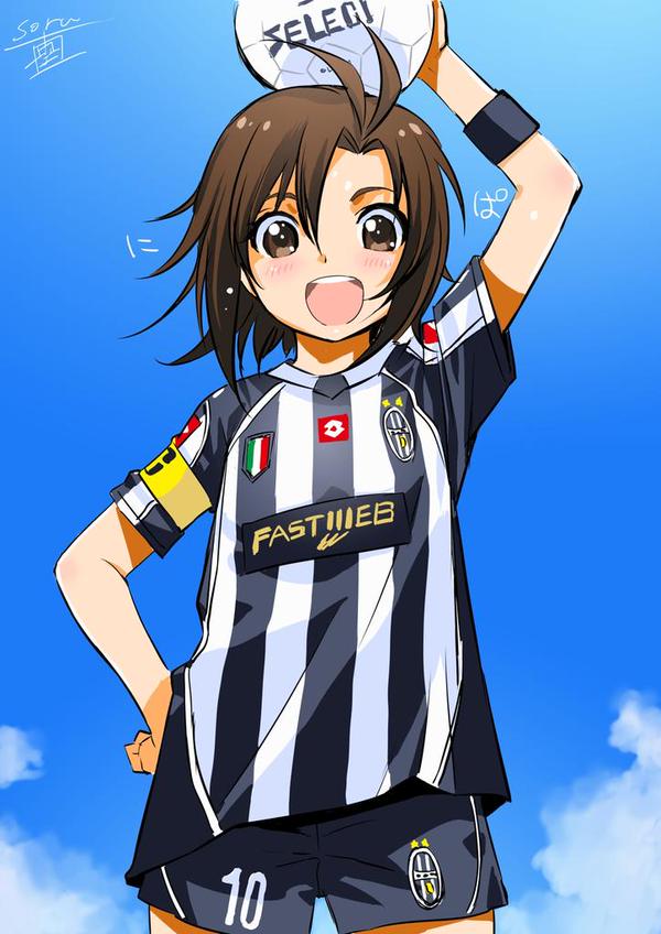 1girl, antenna_hair, armband, ball, brown_eyes, brown_hair, dated, flat_chest