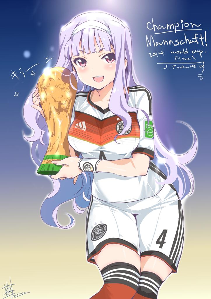 1girl, 2014_fifa_world_cup, adidas, benedikt_howedes, blush, breasts, dated, fifa_world_cup_trophy, german_flag, germany, hairband, idolmaster, inoue_sora, jpeg_artifacts, jules_rimet_trophy, large_breasts, long_hair, looking_at_viewer, official_jersey, open_mouth, shijou_takane, shorts, signature, silver_hair, smile, soccer, soccer_uniform, solo, sportswear, thigh-highs, trophy, violet_eyes, world_cup