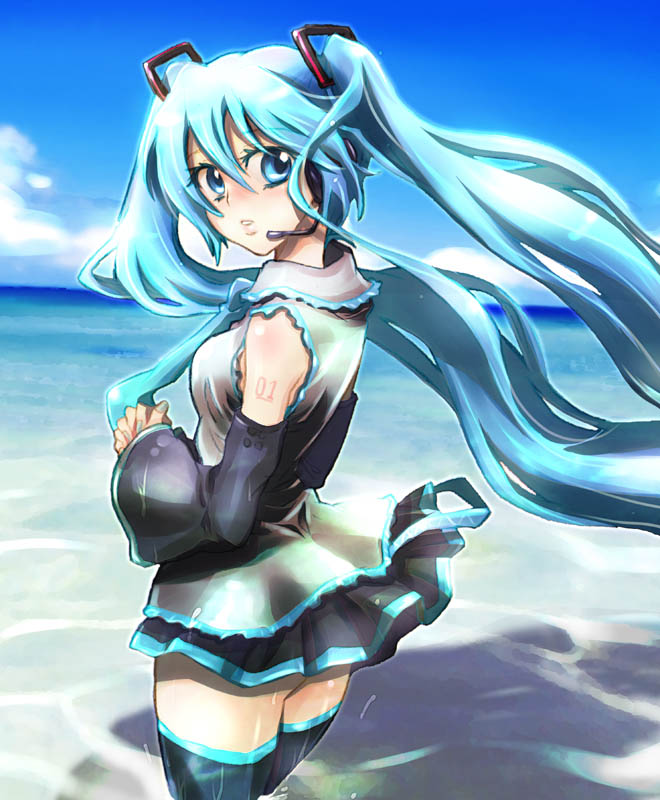 aqua_eyes, aqua_hair, beach, detached_sleeves, hatsune_miku, headphones, headset, long_hair