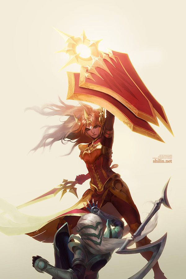 2girls, armor, brown_hair, diana_(league_of_legends), fighting, good_guys_win, league_of_legends, leona_(league_of_legends)