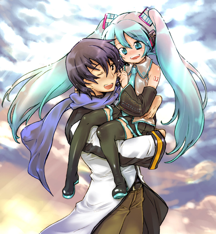 aqua_hair, blue_eyes, blue_hair, blush, detached_sleeves, hatsune_miku, holding, kaito