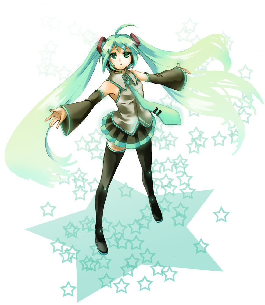 ahoge, aqua_eyes, aqua_hair, detached_sleeves, hatsune_miku, headphones, headset, legs