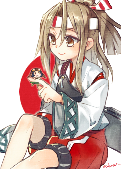 1girl, brown_eyes, brown_hair, hachimaki, headband, kantai_collection, long_hair, machinery