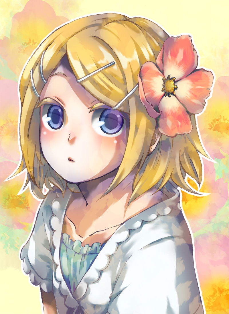 blue_eyes, flower, hair_flower, hair_ornament, hairclip, kagamine_rin, momen_(6p6), portrait