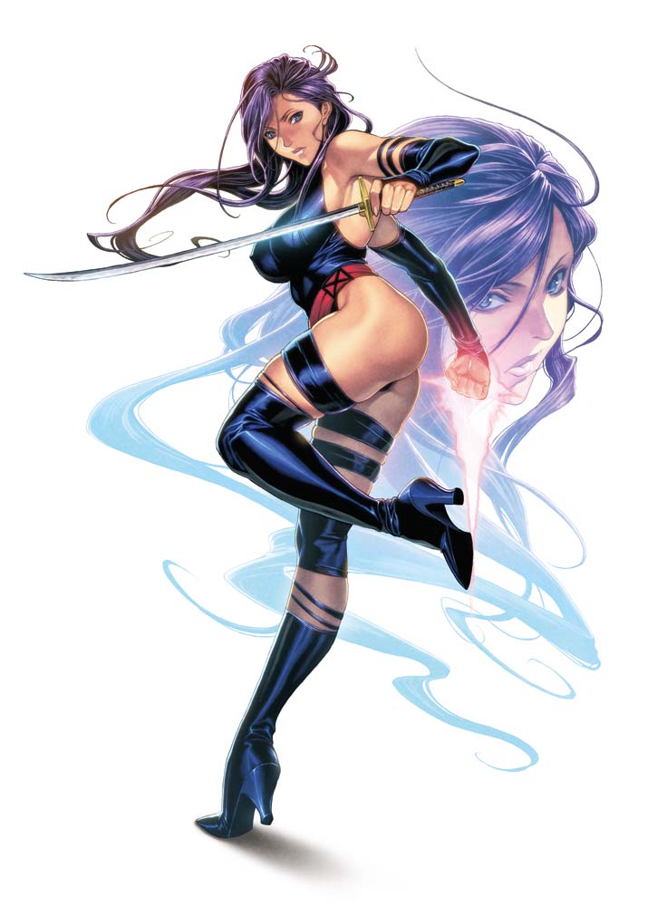 1girl, bare_shoulders, blue_eyes, breasts, high_heels, homare_(fool's_art), katana, leg_up