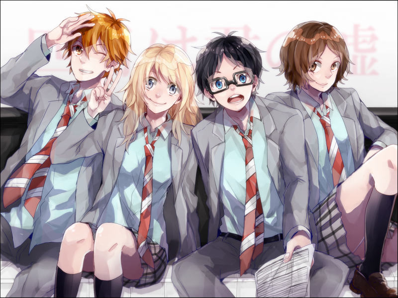 2boys, 2girls, arima_kousei, black_hair, blazer, blonde_hair, blue_eyes, brown_eyes, brown_hair, glasses, grin, long_hair, miyazono_kaori, multiple_boys, multiple_girls, necktie, one_eye_closed, sawabe_tsubaki, school_uniform, shigatsu_wa_kimi_no_uso, short_hair, sitting, smile, tsuyuki_(oudan_chitsujo_xxx), v, watari_ryouta