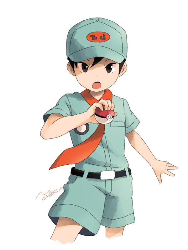 1boy, artist_name, black_eyes, black_hair, camper_(pokemon), cowboy_shot, hat, looking_at_viewer